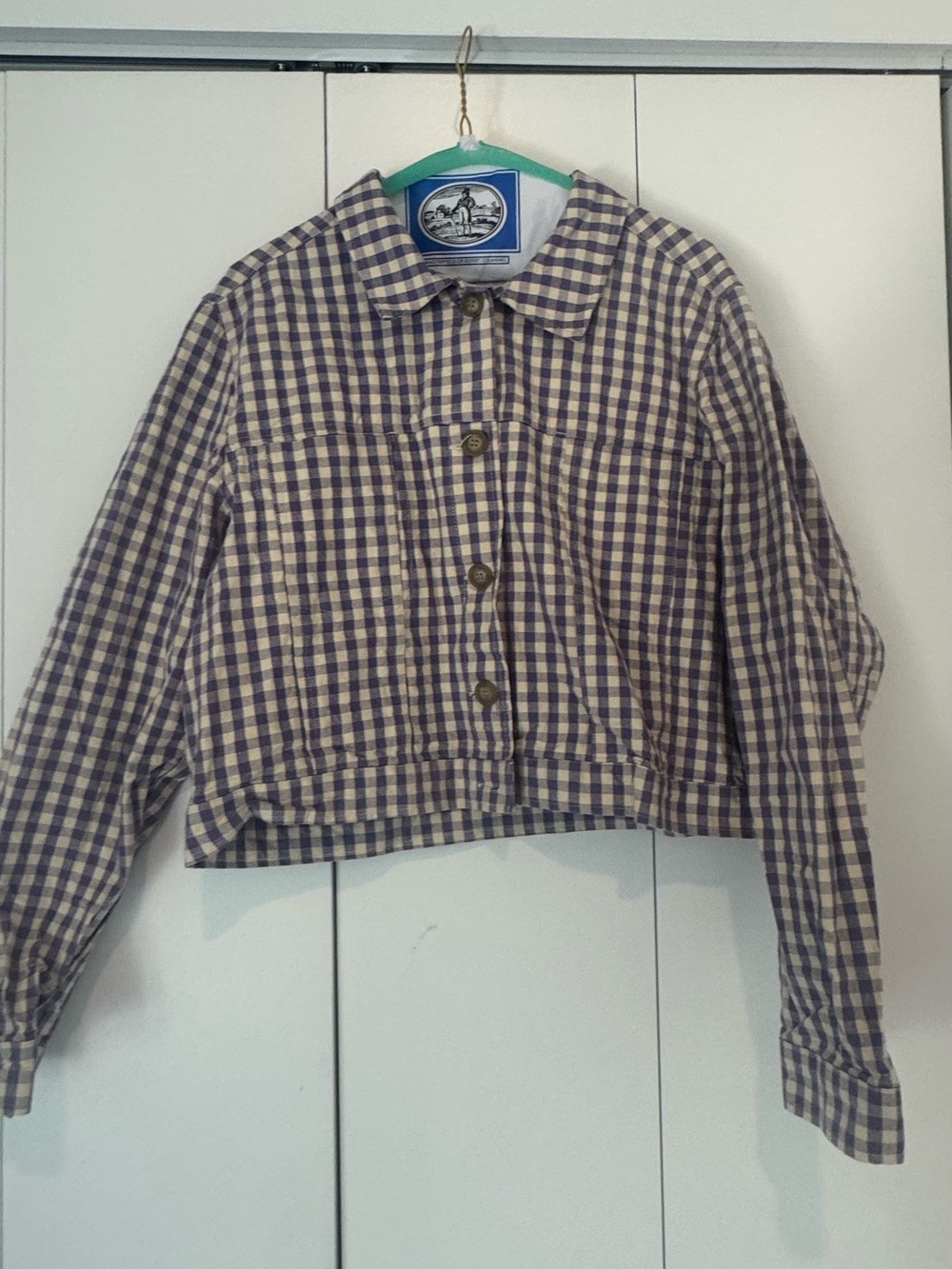 MONKI: Checked Button-Front Cropped Jacket in Cream/ Yellow and Purple
